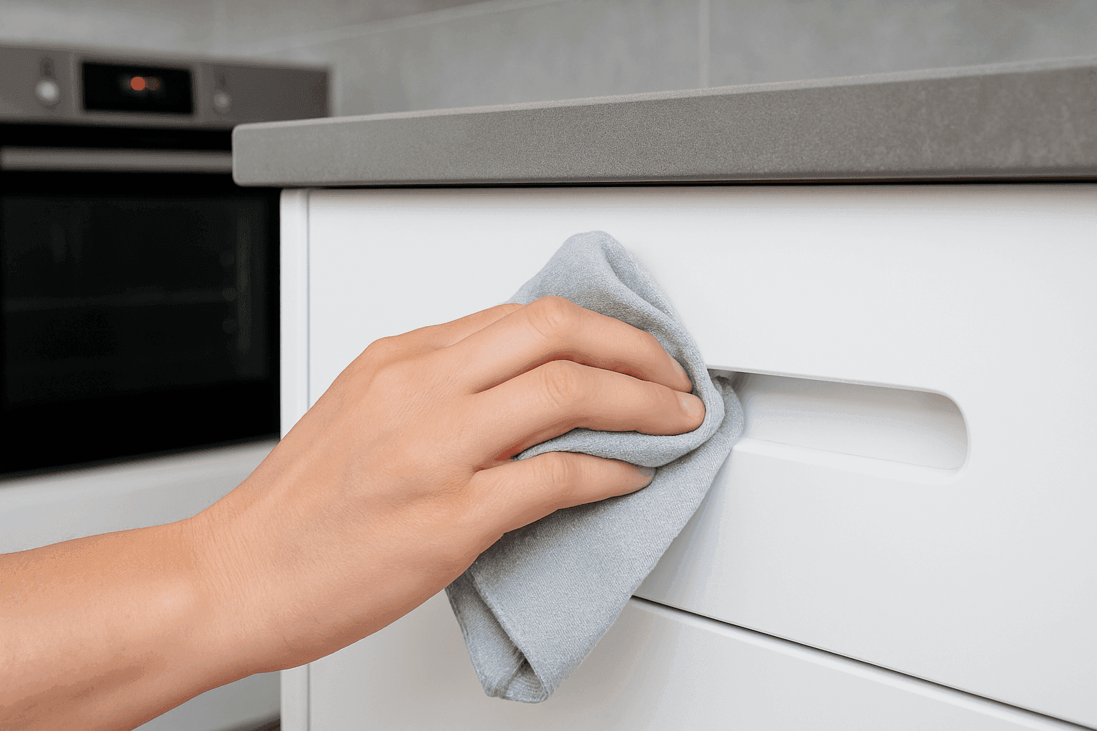 Weiße Küchenfront mit integrierter Griffmulde, die mit grauem Mikrofasertuch gereinigt wird; im Hintergrund ein Backofen.